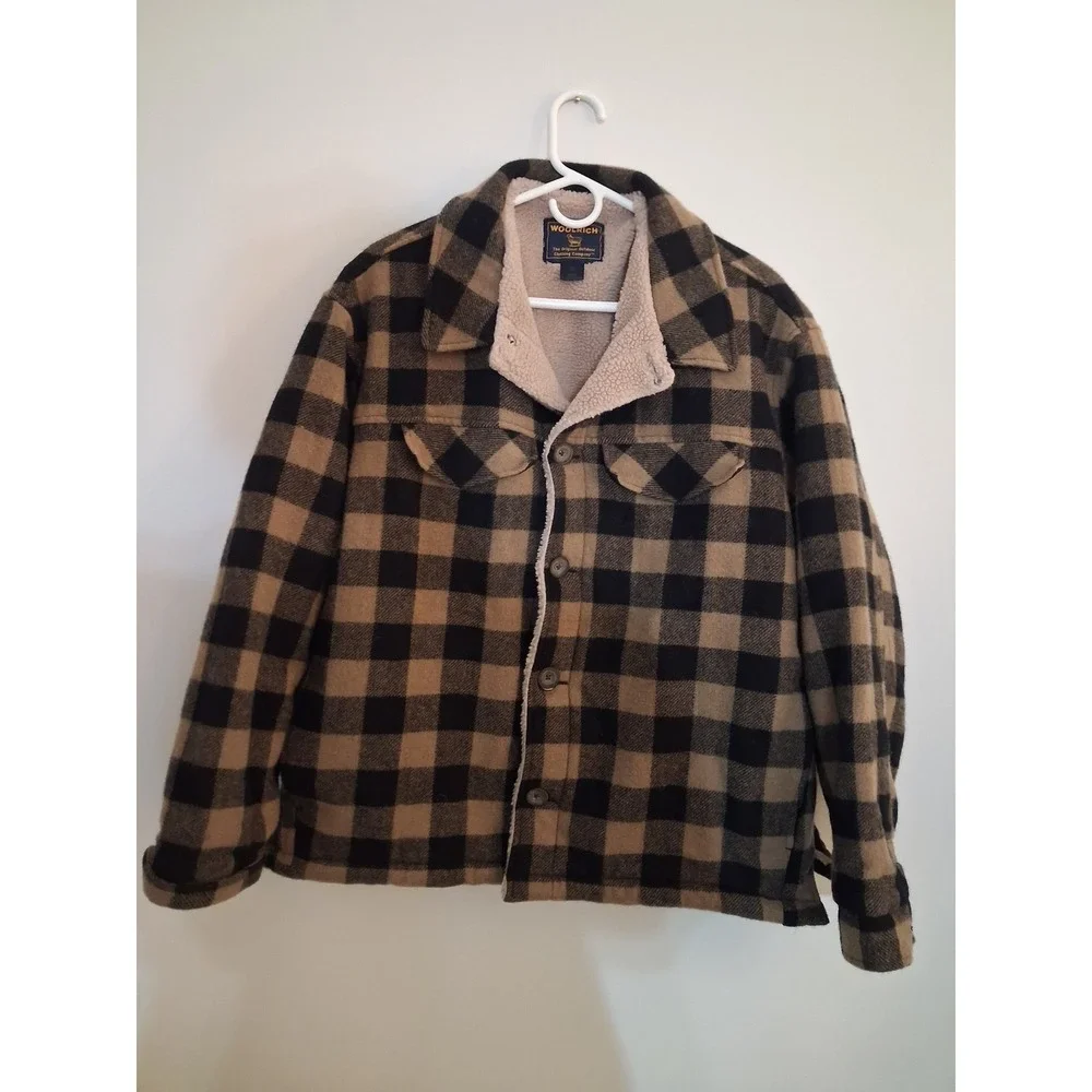 Vtg Woolrich Mens Plaid Wool Sherpa Lined Jacket Dark Wheat Black 16354 Medium